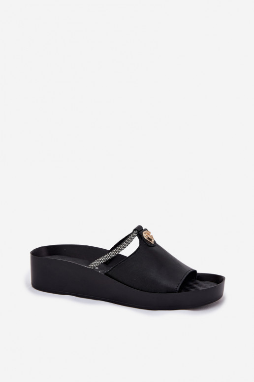 Ciabatte in pelle nere da donna con tacchi decorati KV51-034