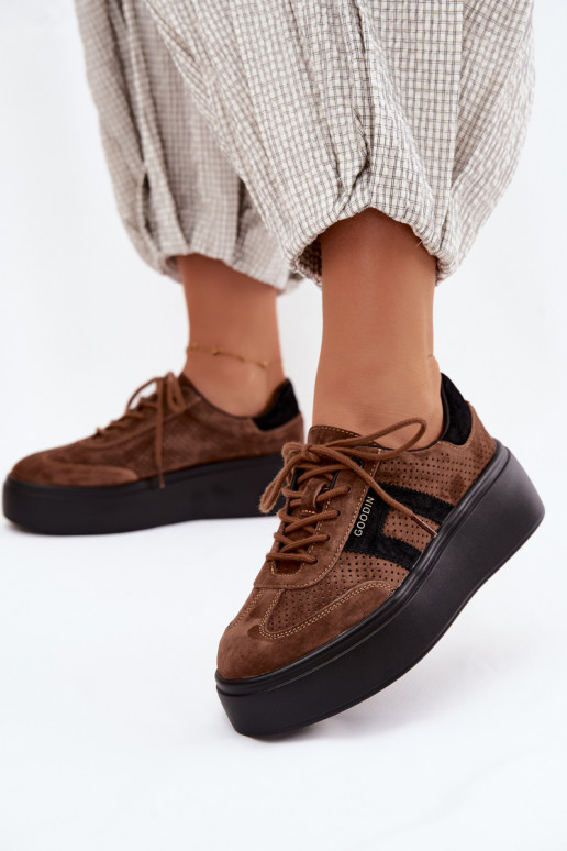 Sneakers marroni da donna con piattaforma e perforazione Umbry