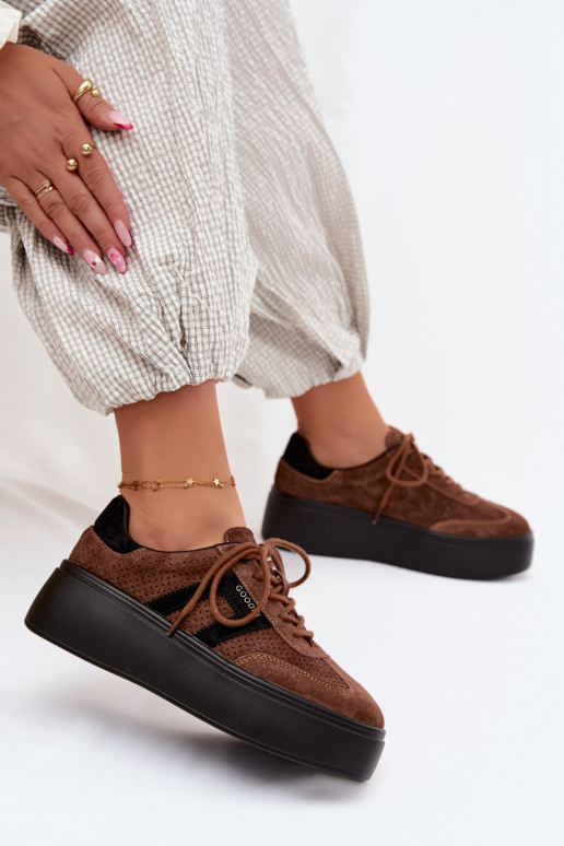 Sneakers marroni da donna con piattaforma e perforazione Umbry