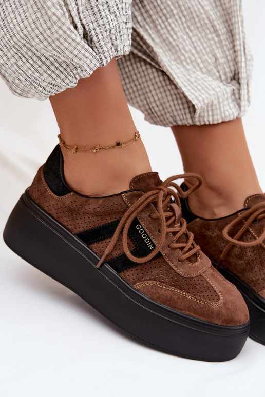 Sneakers marroni da donna con piattaforma e perforazione Umbry