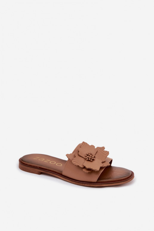 Infradito in pelle per donne con ornamenti Zazoo 40477 color cappuccino