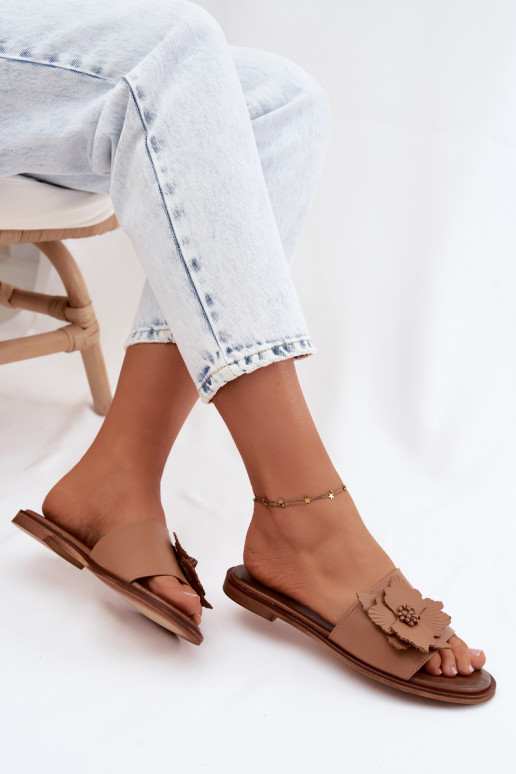 Infradito in pelle per donne con ornamenti Zazoo 40477 color cappuccino