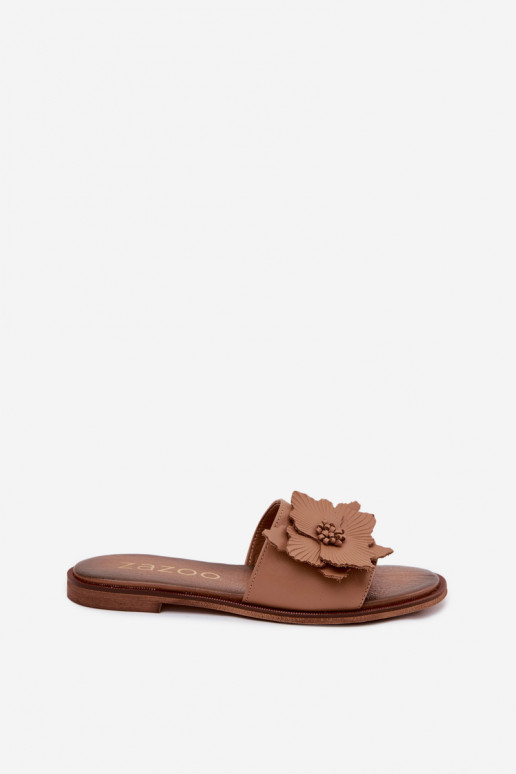 Infradito in pelle per donne con ornamenti Zazoo 40477 color cappuccino