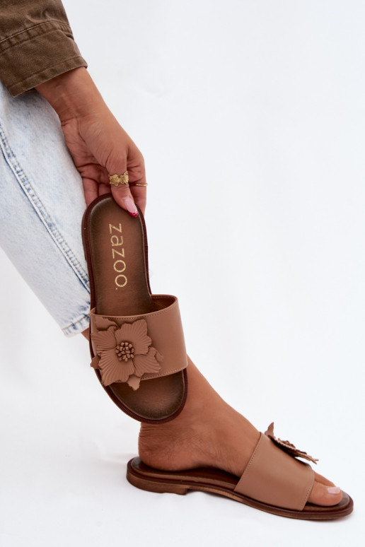 Infradito in pelle per donne con ornamenti Zazoo 40477 color cappuccino