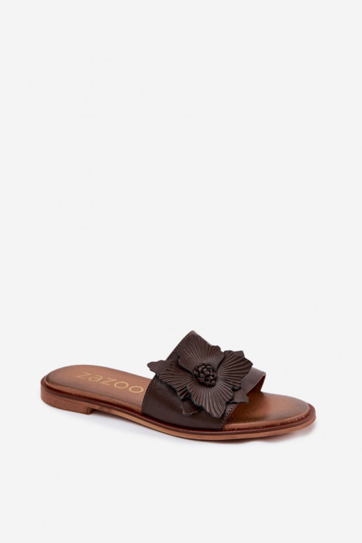 Infradito in pelle per donne con ornamenti Zazoo 40477 color cioccolato