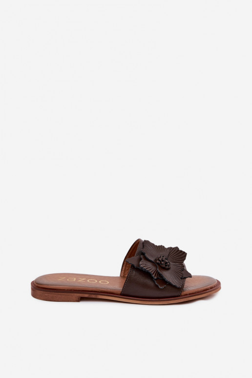 Infradito in pelle per donne con ornamenti Zazoo 40477 color cioccolato
