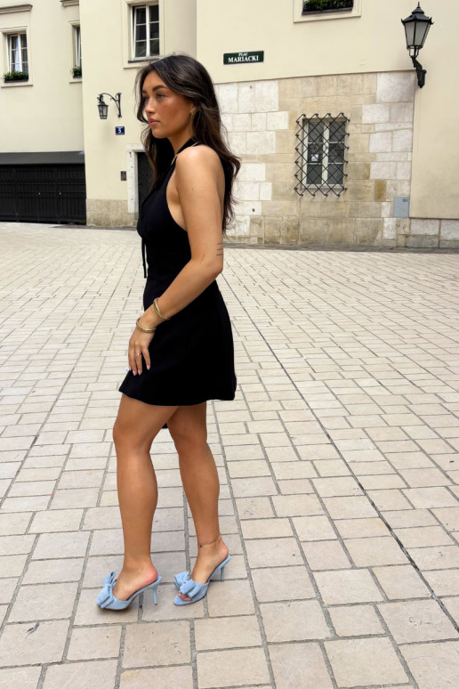 Pantofole da donna con tacco sottile e fiocchi in suede blu Tai turignolia