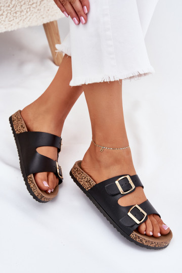 Chinelos neri da donna con fibbie in ecopelle Iskira