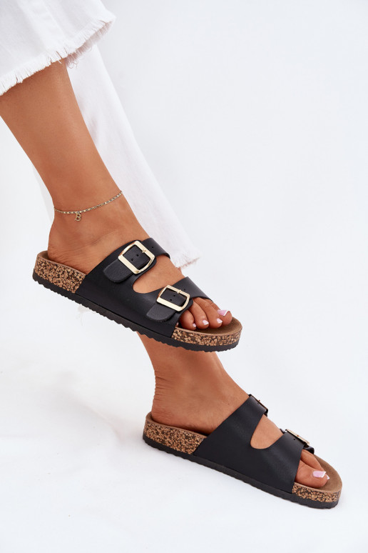 Chinelos neri da donna con fibbie in ecopelle Iskira