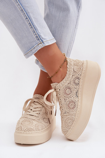 Scarpe casual beige con platforma e motivi in pizzo Evalora