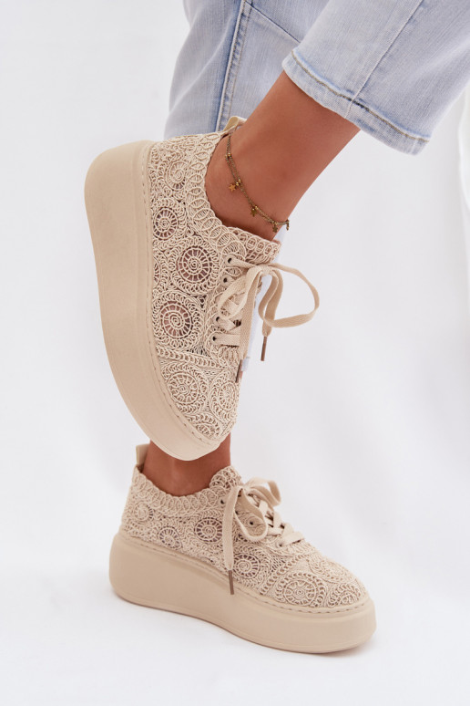 Scarpe casual beige con platforma e motivi in pizzo Evalora