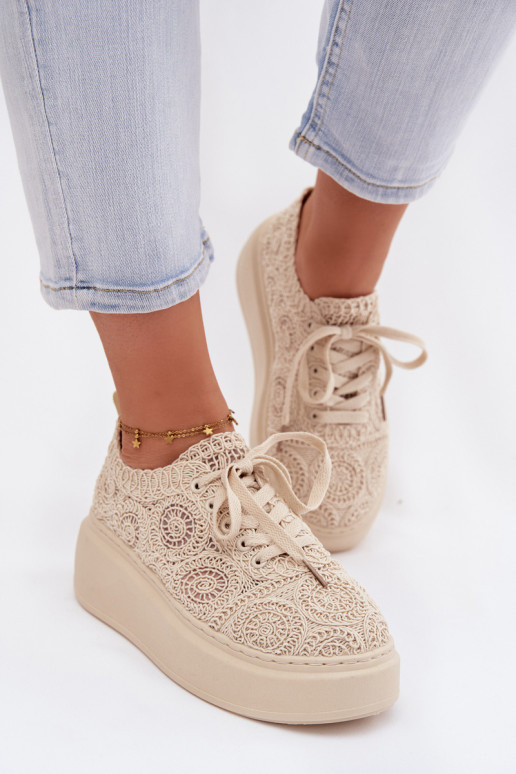Scarpe casual beige con platforma e motivi in pizzo Evalora
