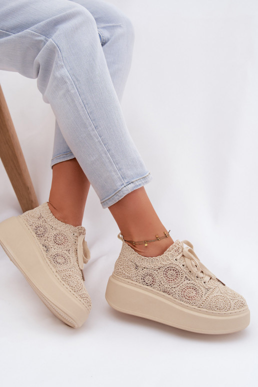Scarpe casual beige con platforma e motivi in pizzo Evalora