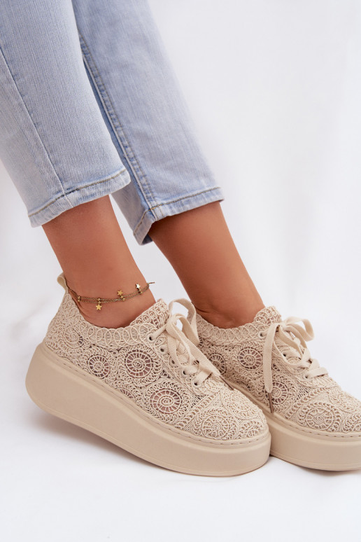 Scarpe casual beige con platforma e motivi in pizzo Evalora