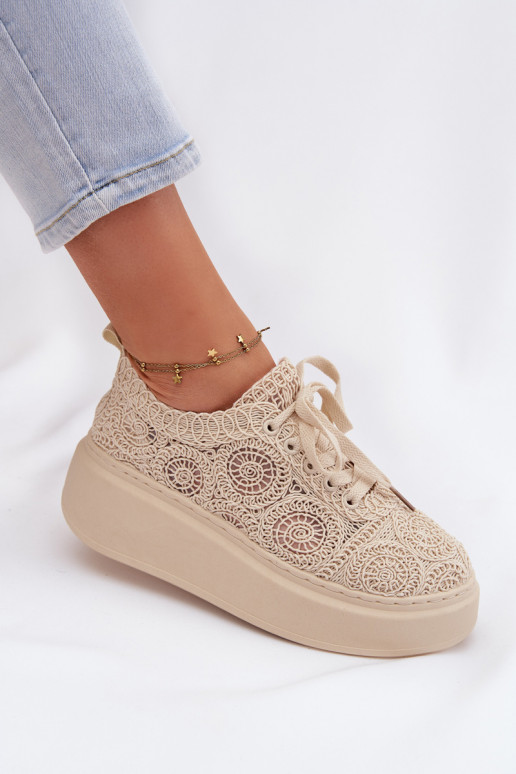 Scarpe casual beige con platforma e motivi in pizzo Evalora