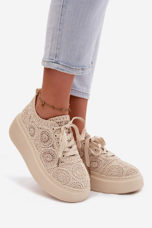 Scarpe casual beige con platforma e motivi in pizzo Evalora