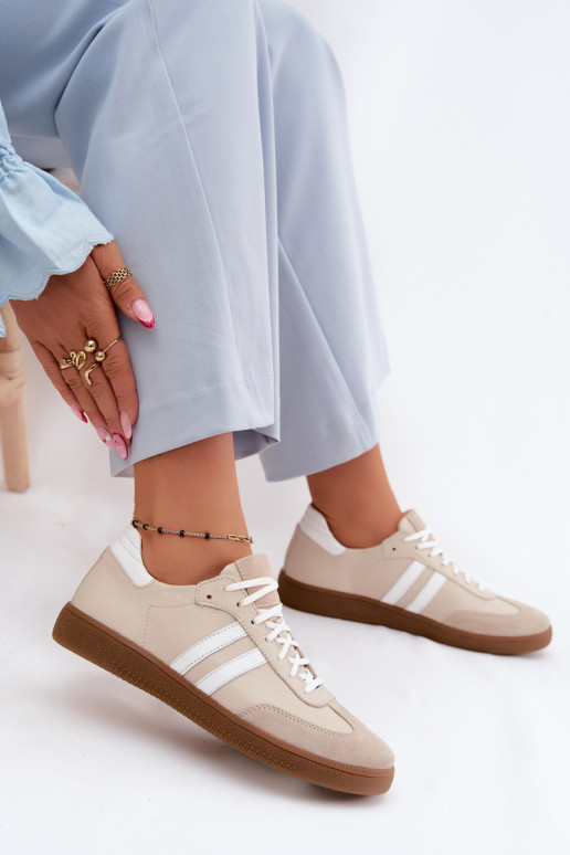Sneakers basse in pelle per donna Zazoo N1068 color sabbia