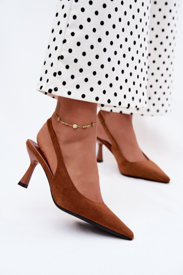 Sandali da donna marroni con tacchi sottili in suede sintetico Saria 2