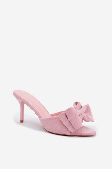 Ciabatte rosa da donna con tacco sottile e fiocchi in suede sintetico Tai turignolia 2