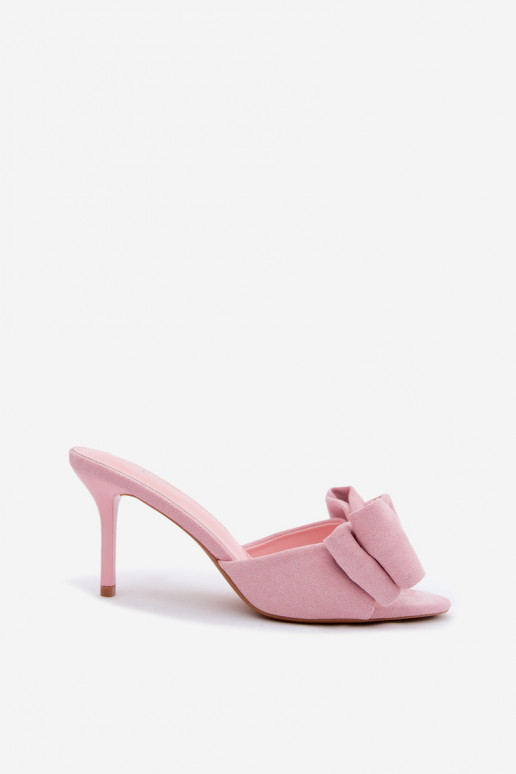Ciabatte rosa da donna con tacco sottile e fiocchi in suede sintetico Tai turignolia