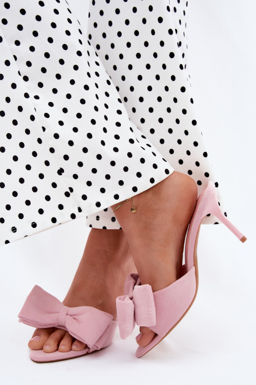 Ciabatte rosa da donna con tacco sottile e fiocchi in suede sintetico Tai turignolia