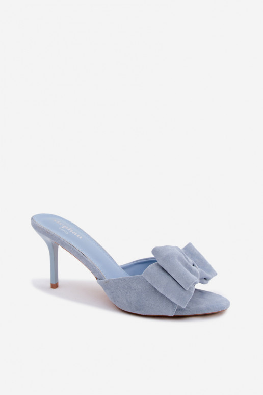 Pantofole da donna con tacco sottile e fiocchi in suede blu Tai turignolia