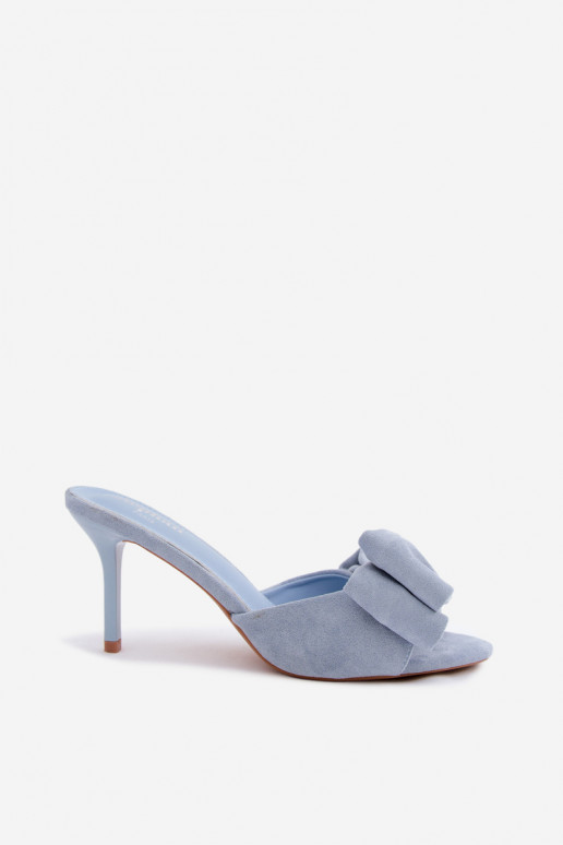 Pantofole da donna con tacco sottile e fiocchi in suede blu Tai turignolia