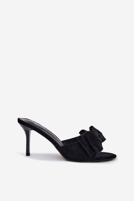 Ciabatte nere da donna con tacco sottile e fiocchi in suede sintetico Tai turignolia