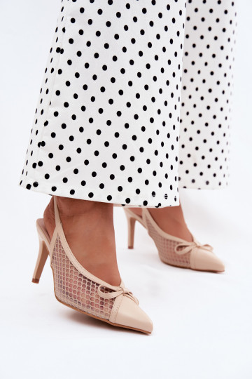 Sandali beige in rete con tacco sottile e fiocchi Moona