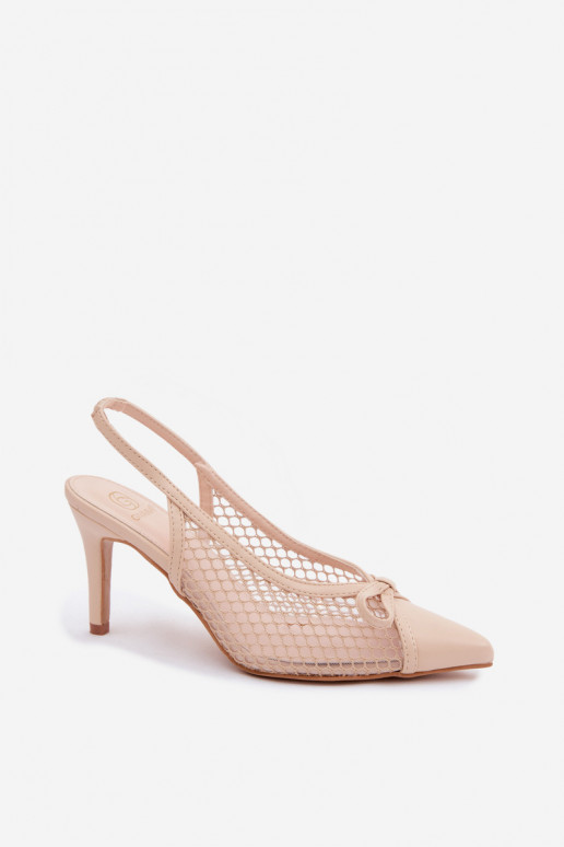 Sandali beige in rete con tacco sottile e fiocchi Moona