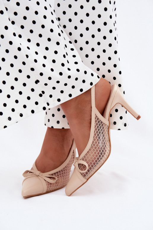 Sandali beige in rete con tacco sottile e fiocchi Moona