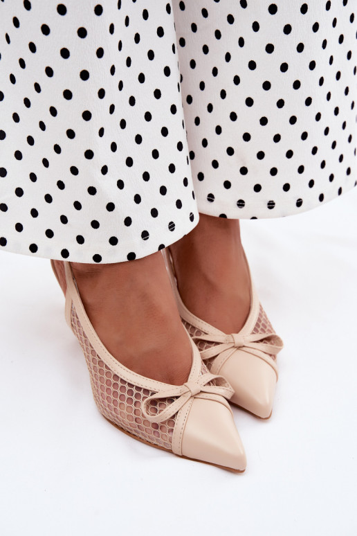 Sandali beige in rete con tacco sottile e fiocchi Moona