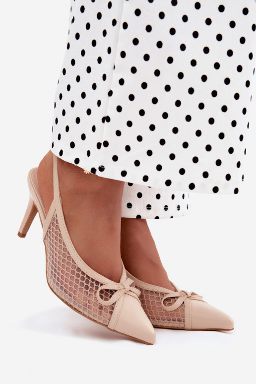Sandali beige in rete con tacco sottile e fiocchi Moona