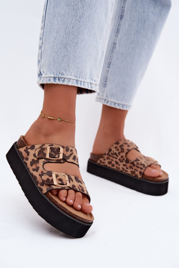 Pantofole da donna con piattaforma e fibbie, stampa leopardata