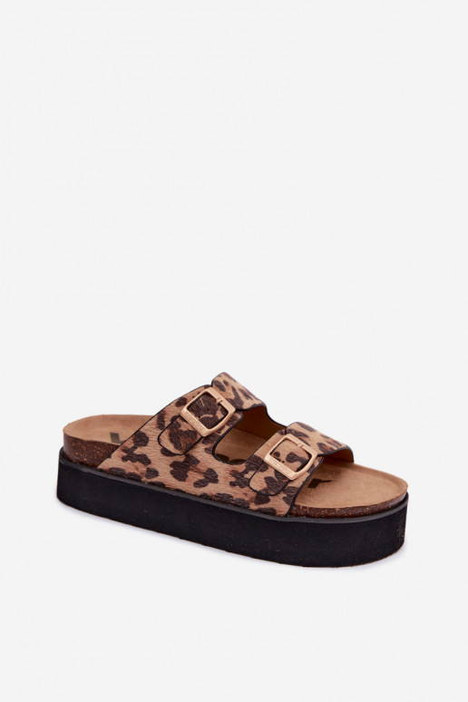 Pantofole da donna con piattaforma e fibbie, stampa leopardata