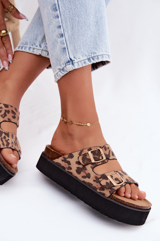 Pantofole da donna con piattaforma e fibbie, stampa leopardata