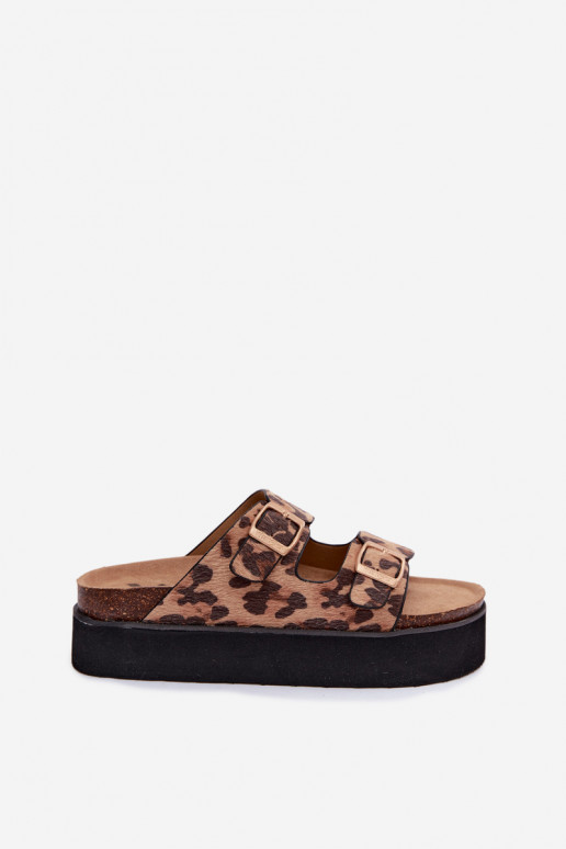 Pantofole da donna con piattaforma e fibbie, stampa leopardata