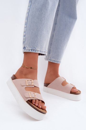 Pantofole rosa da donna con piattaforma e fibbie 2