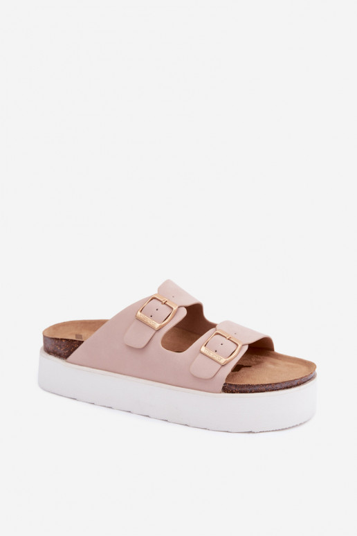 Pantofole rosa da donna con piattaforma e fibbie