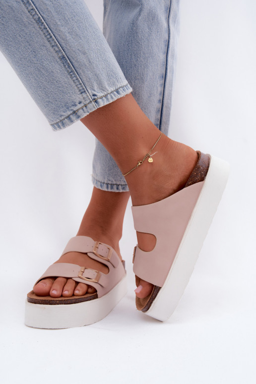 Pantofole rosa da donna con piattaforma e fibbie