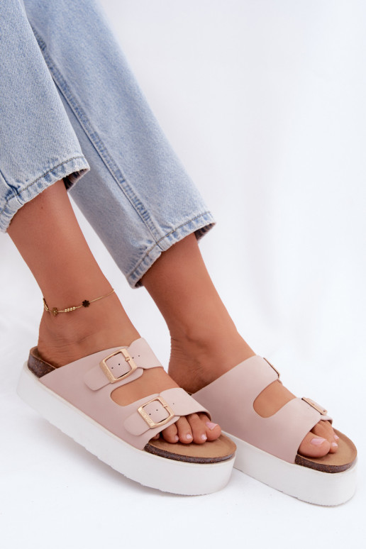 Pantofole rosa da donna con piattaforma e fibbie
