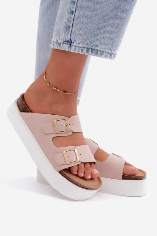 Pantofole rosa da donna con piattaforma e fibbie