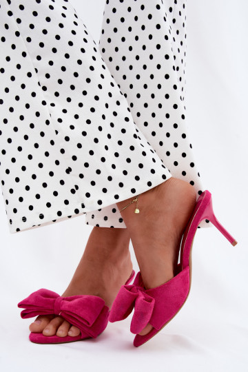 Pantofole da donna con tacchi sottili e fiocchi in ecopelle scamosciata rosa Tai turignolia 2