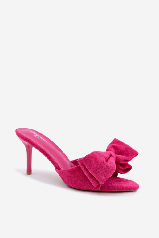 Pantofole da donna con tacchi sottili e fiocchi in ecopelle scamosciata rosa Tai turignolia