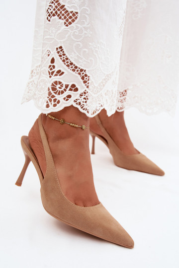 Sandali da donna con tacchi sottiliin ecopelle scamosciatau beige Kevina 2