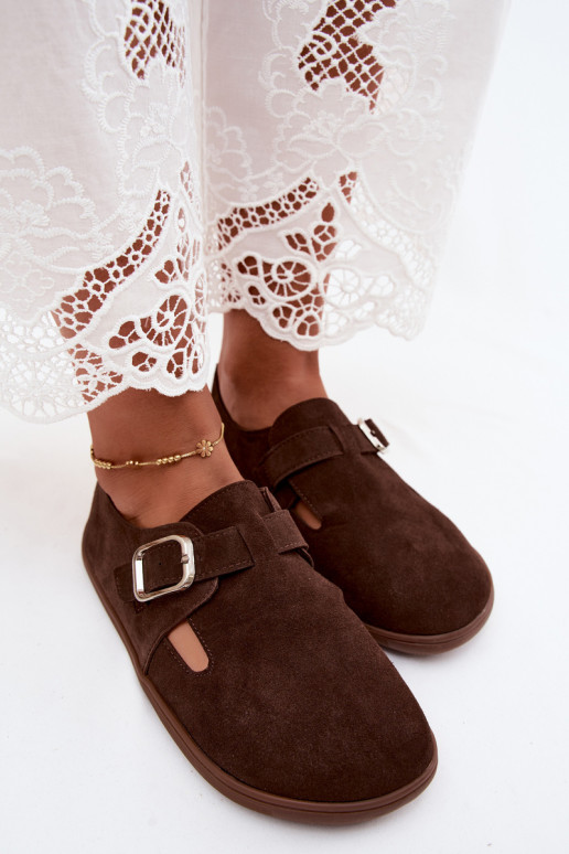 Scarpe da donna con fibbie in suede sintetico color cioccolato Sombellia