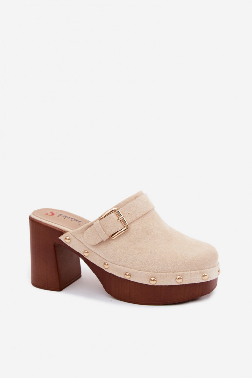 Zoccoli da donna color sabbia con tacchi, fibbie e borchie Lagunelle