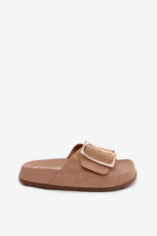 Chinelli da donna color sabbia con fibbie dorate e piattaforma in suede sintetico Coralora