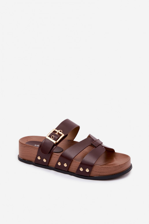 Pantofole da donna in pelle sintetica con fibbie marroni Cambria