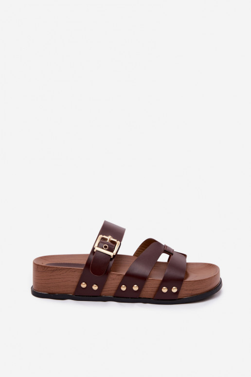 Pantofole da donna in pelle sintetica con fibbie marroni Cambria